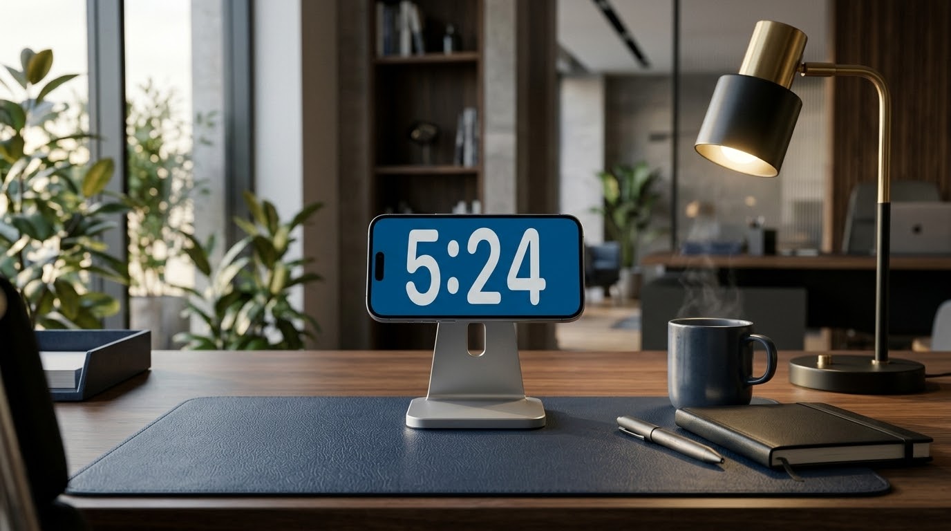 An iPhone in landscape on a desk stand showing a large, easy-to-read clock