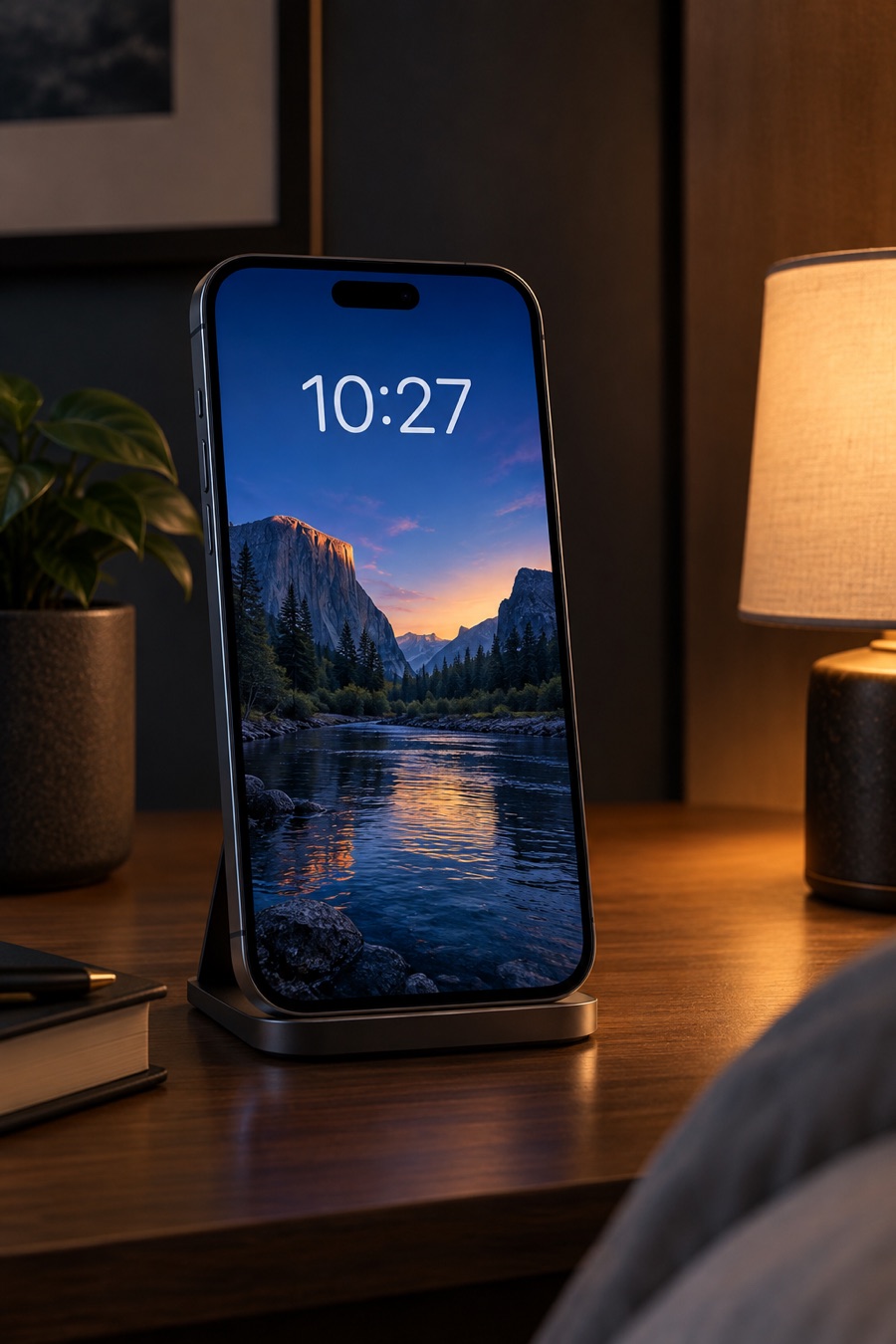 An iPhone on a bedside stand showing a calm mountain-and-river sunset poster with the time 10:27